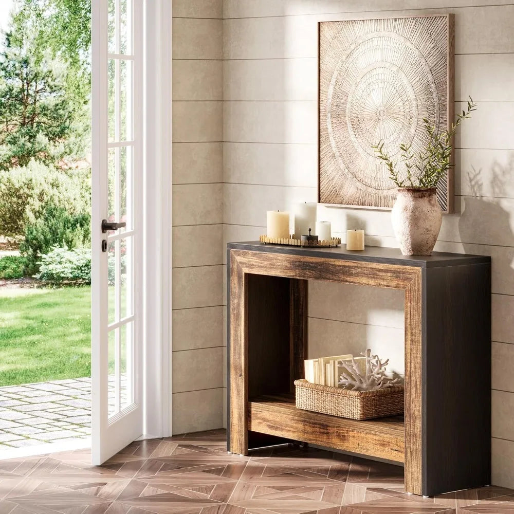 41.3" Farmhouse Console Table, Behind Couch Sofa Table with Open Storage Shelves