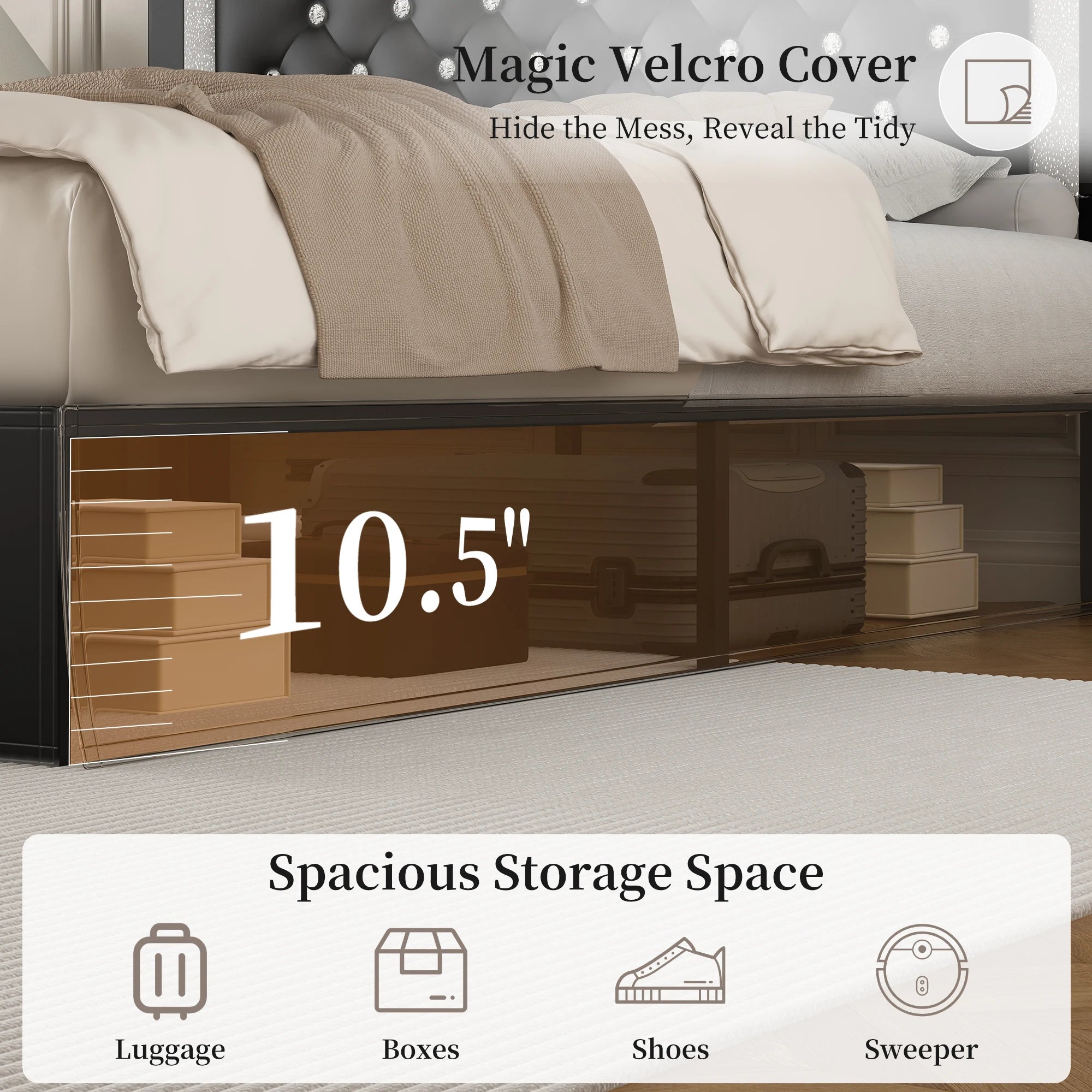 Queen Bed Frame with LED Lights, Adjustable Headboard,
