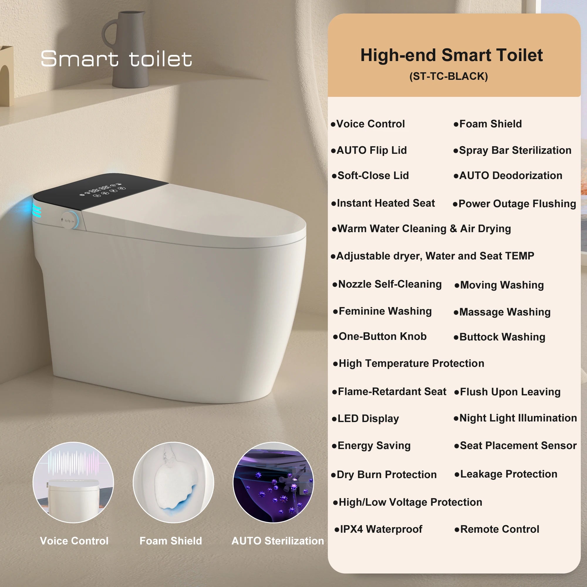 Smart Toilet with Built-in Bidet, AUTO Open/Close, Warm Water Sprayer, AUTO Dual Flush,