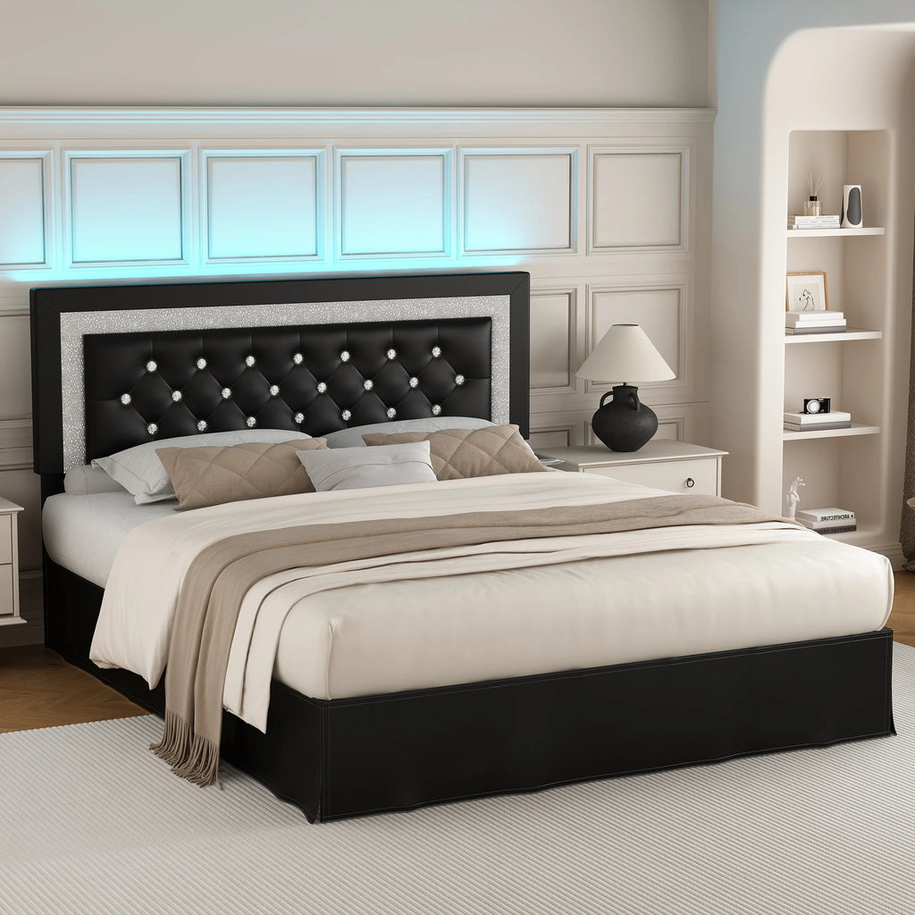 Queen Bed Frame with LED Lights, Adjustable Headboard,