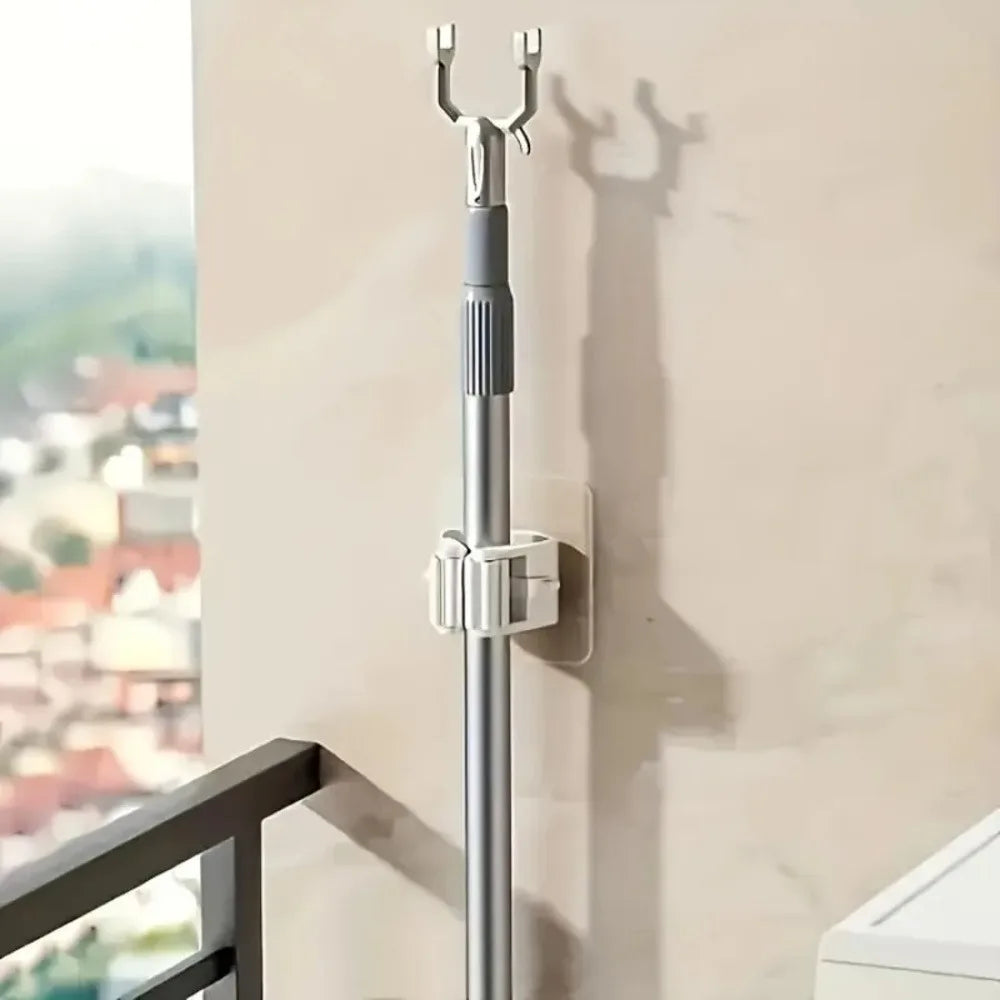 4 Piece White Non Perforated Mop Holder, Self-Adhesive Installation