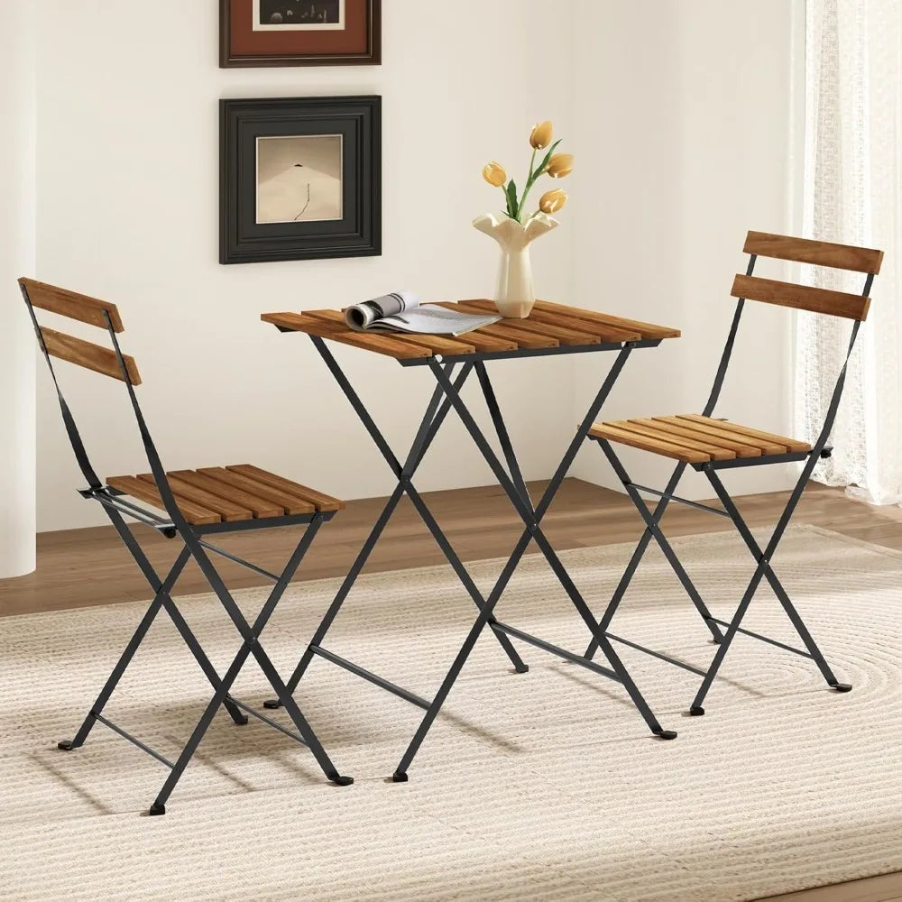 Outdoor Dining Table Set for 4, Acacia Wood Bistro Table with 4 Folding Patio Chairs, Slatted Seat & Tabletop, Metal Frame, for