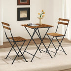 Outdoor Dining Table Set for 4, Acacia Wood Bistro Table with 4 Folding Patio Chairs, Slatted Seat & Tabletop, Metal Frame, for