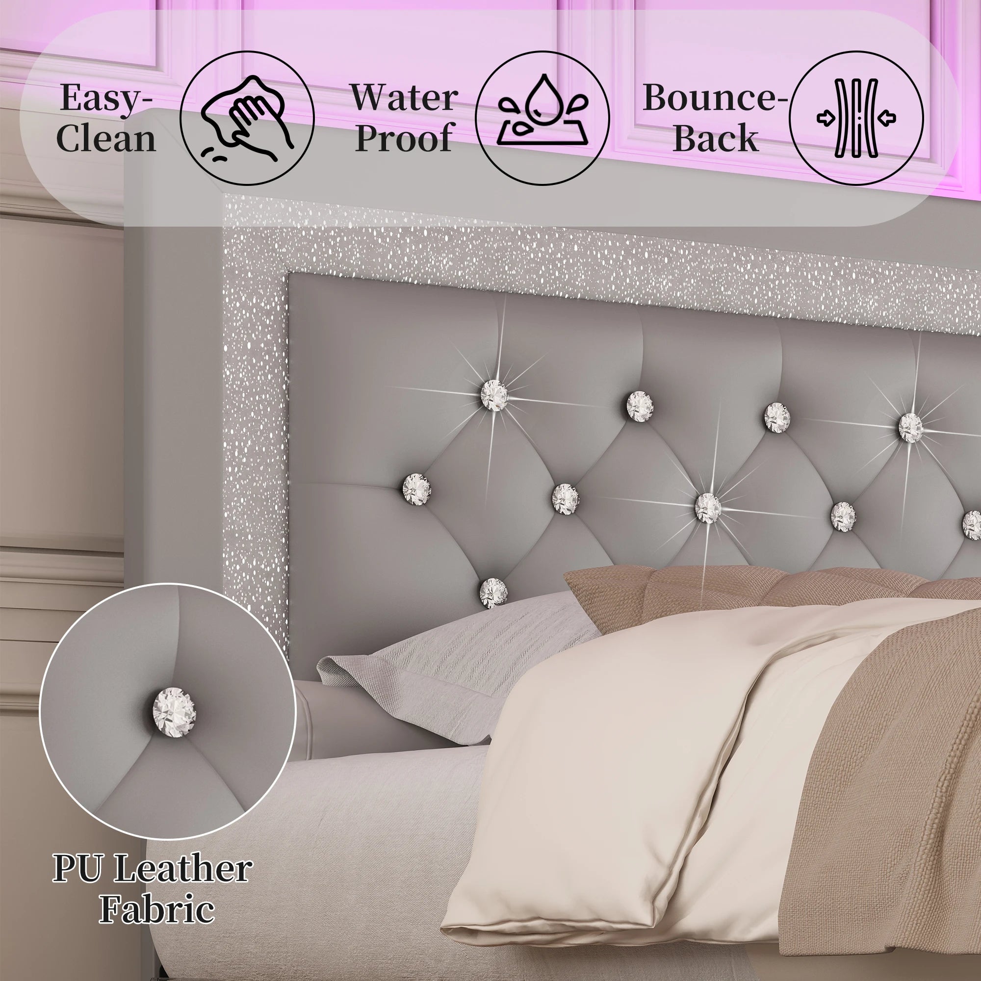 Queen Bed Frame with LED Lights, Adjustable Headboard,