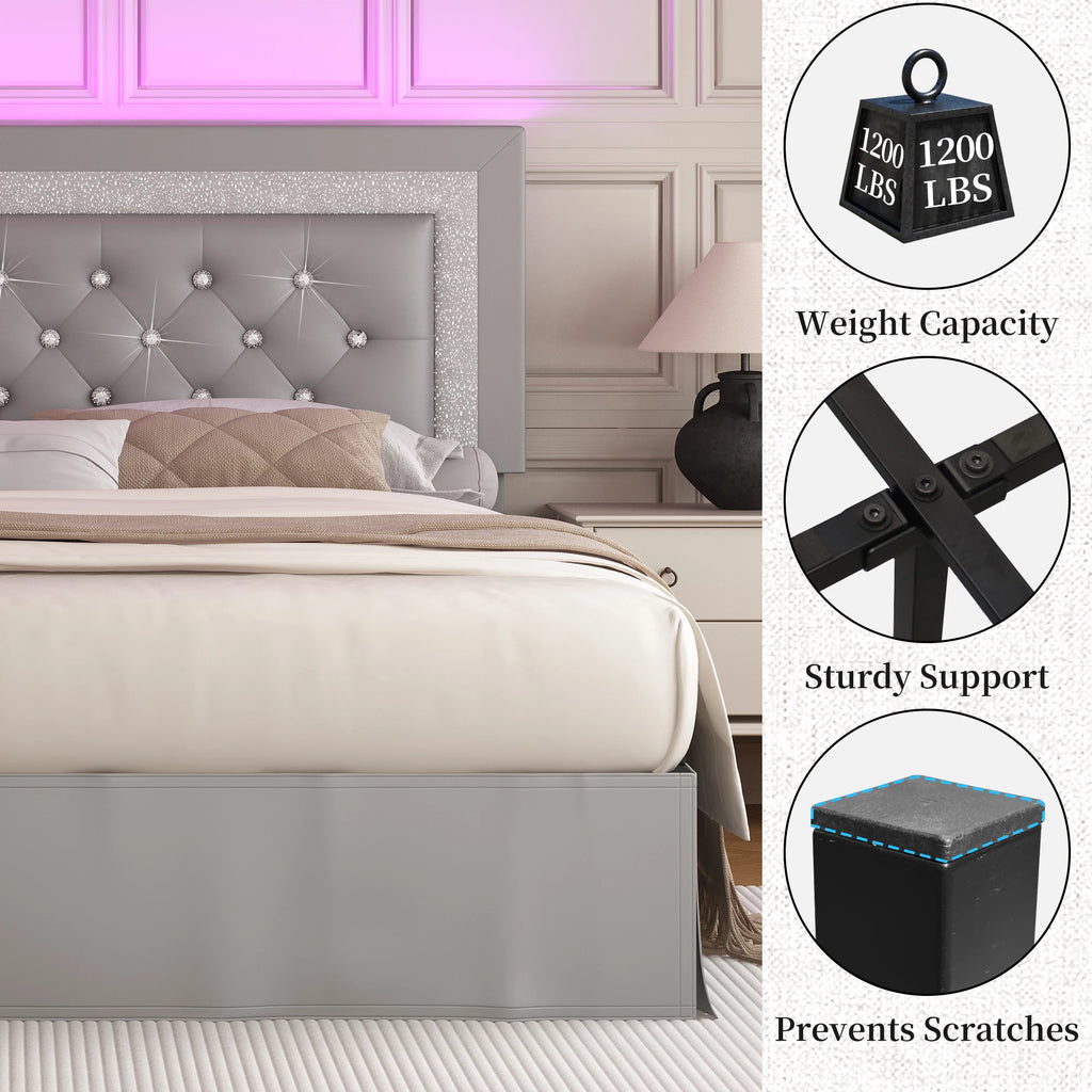 Queen Bed Frame with LED Lights, Adjustable Headboard,