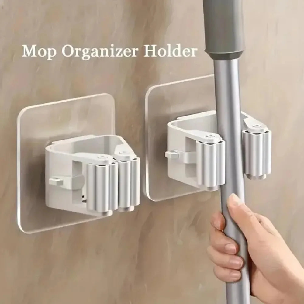 4 Piece White Non Perforated Mop Holder, Self-Adhesive Installation
