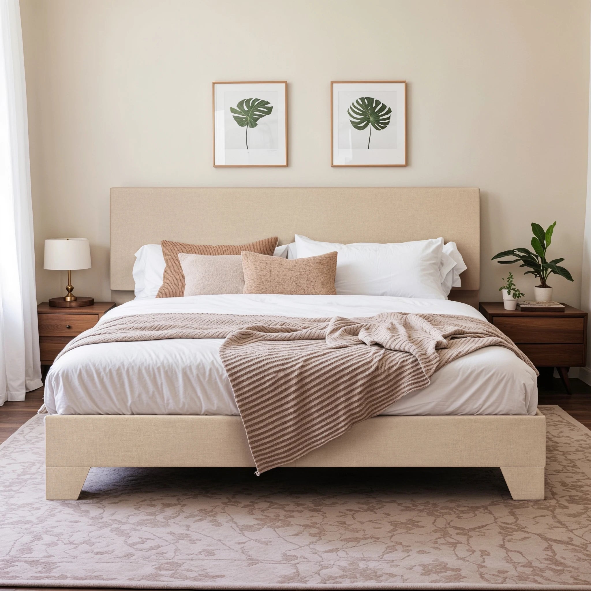 Upholstered Bed Frame with Adjustable Headboard, Soft Linen Fabric,