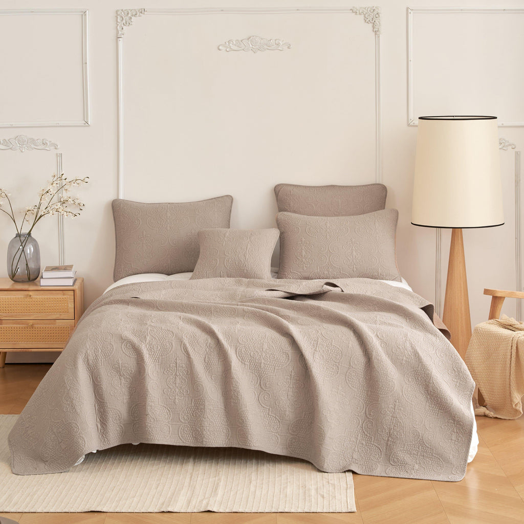 Neutral Taupe Beige Sandy Elegant Matelasse Cotton Quilted Bedspread Set