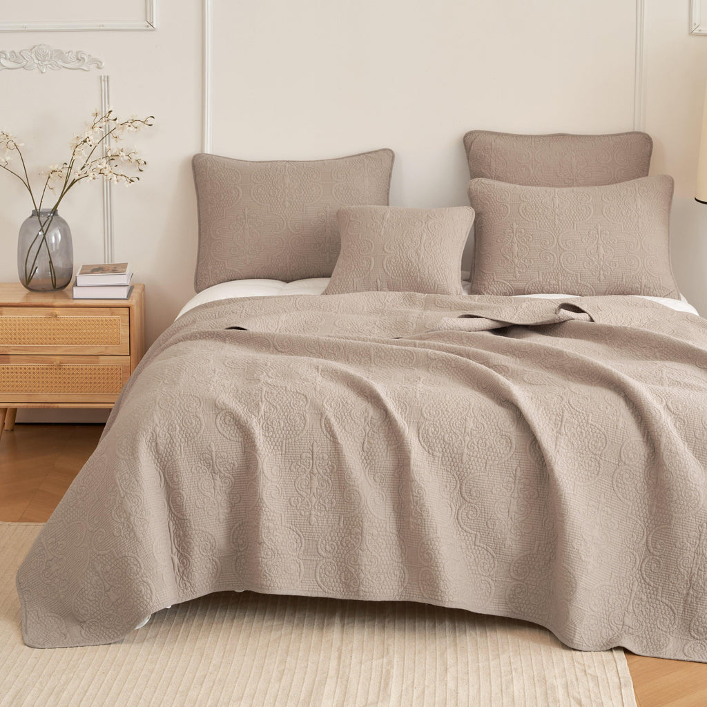 Neutral Taupe Beige Sandy Elegant Matelasse Cotton Quilted Bedspread Set