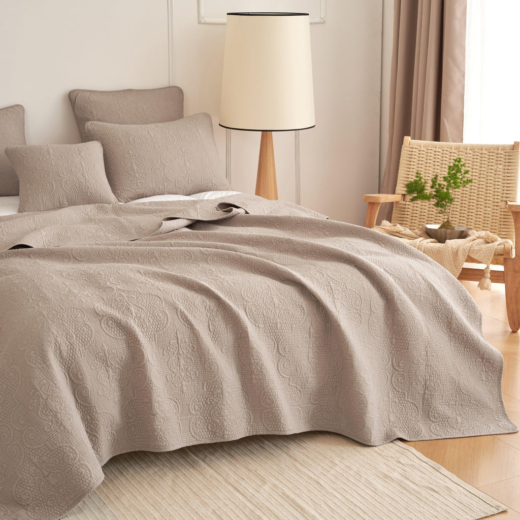 Neutral Taupe Beige Sandy Elegant Matelasse Cotton Quilted Bedspread Set