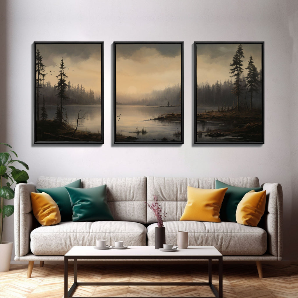 Moody 3 Piece Canvas Wall Art, Solumn PNW Lake At Sunset