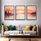 Beautiful Red Lake Sunset 3 Piece Framed Canvas Print Set