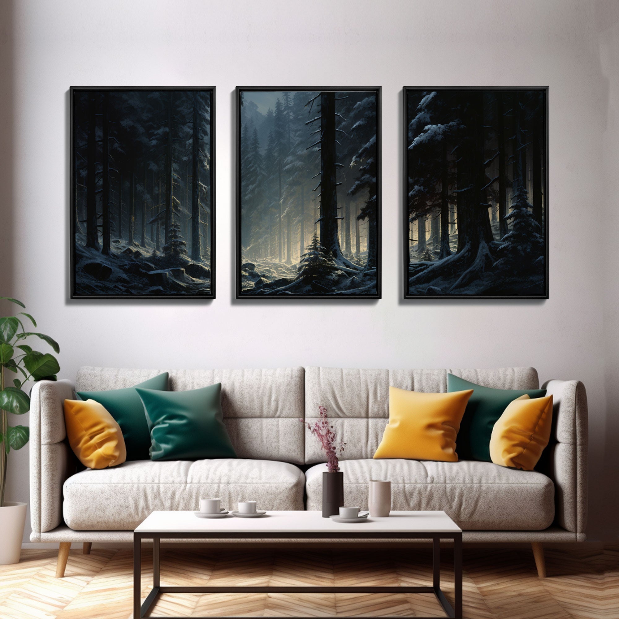 Set of 3 Emerald Green Mountain Forest Lake Landscape