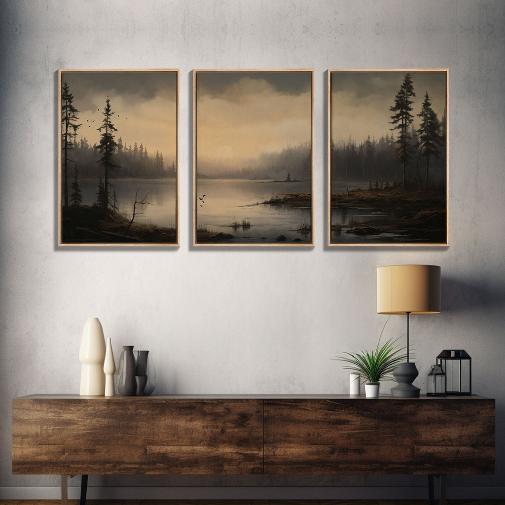 Moody 3 Piece Canvas Wall Art, Solumn PNW Lake At Sunset
