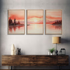 Beautiful Red Lake Sunset 3 Piece Framed Canvas Print Set