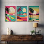 Beautiful Turquoise Retro Style Beach Art, Triptych 3 Panel Framed Canvas Prints, Palm Trees and Sunset, 80s Vibes Vaporwave Art Deco Mashup
