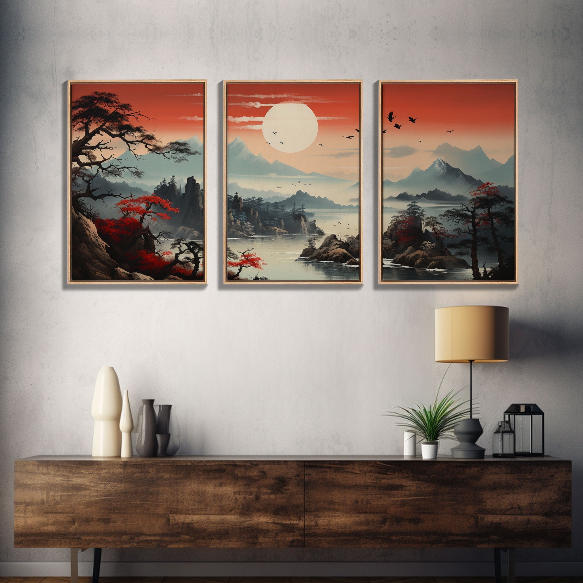 Japanese Wall Art, Mountains Print, Sunset Print
