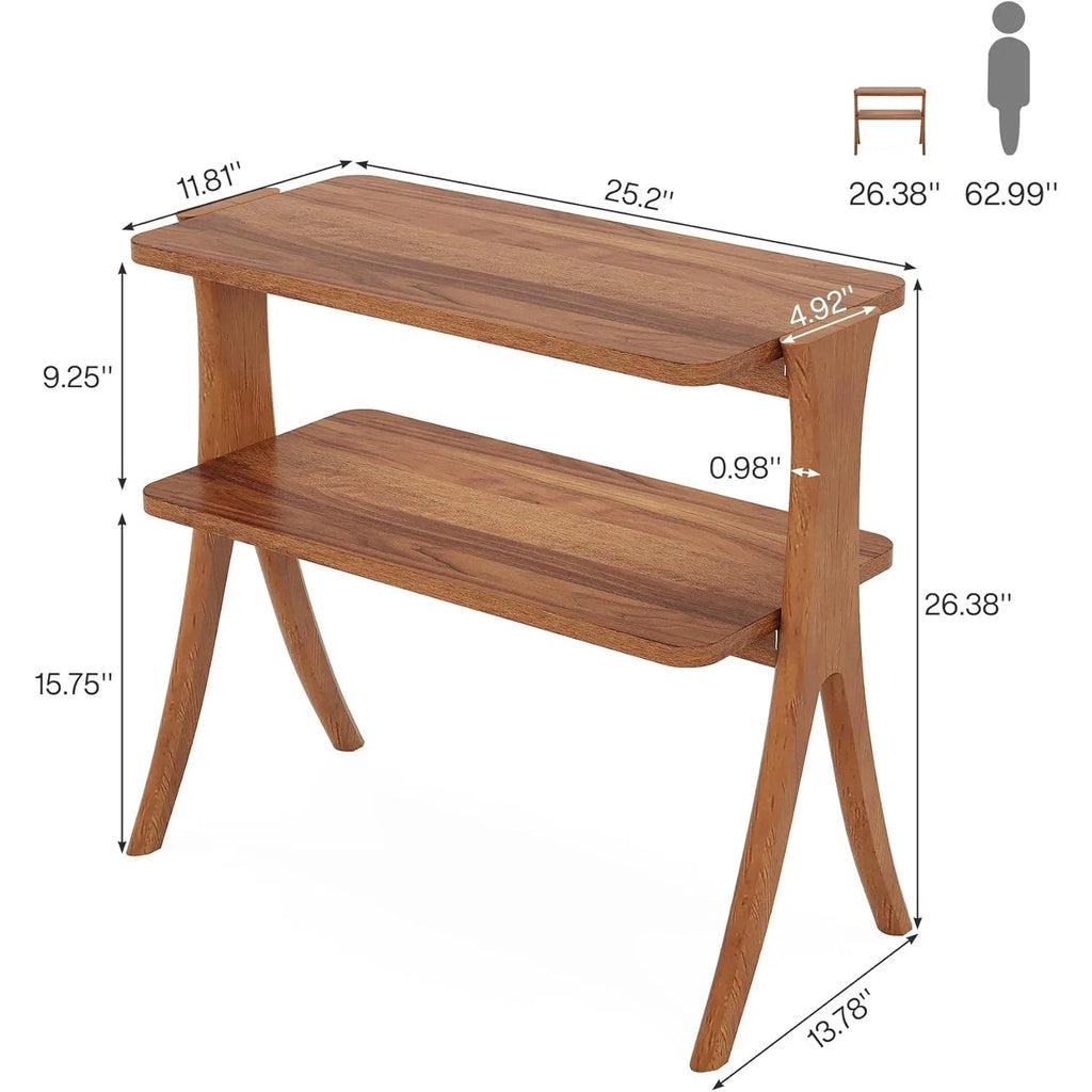 Farmhouse End Table with 2-Tier Storage Shelf and Solid Wood Legs,
