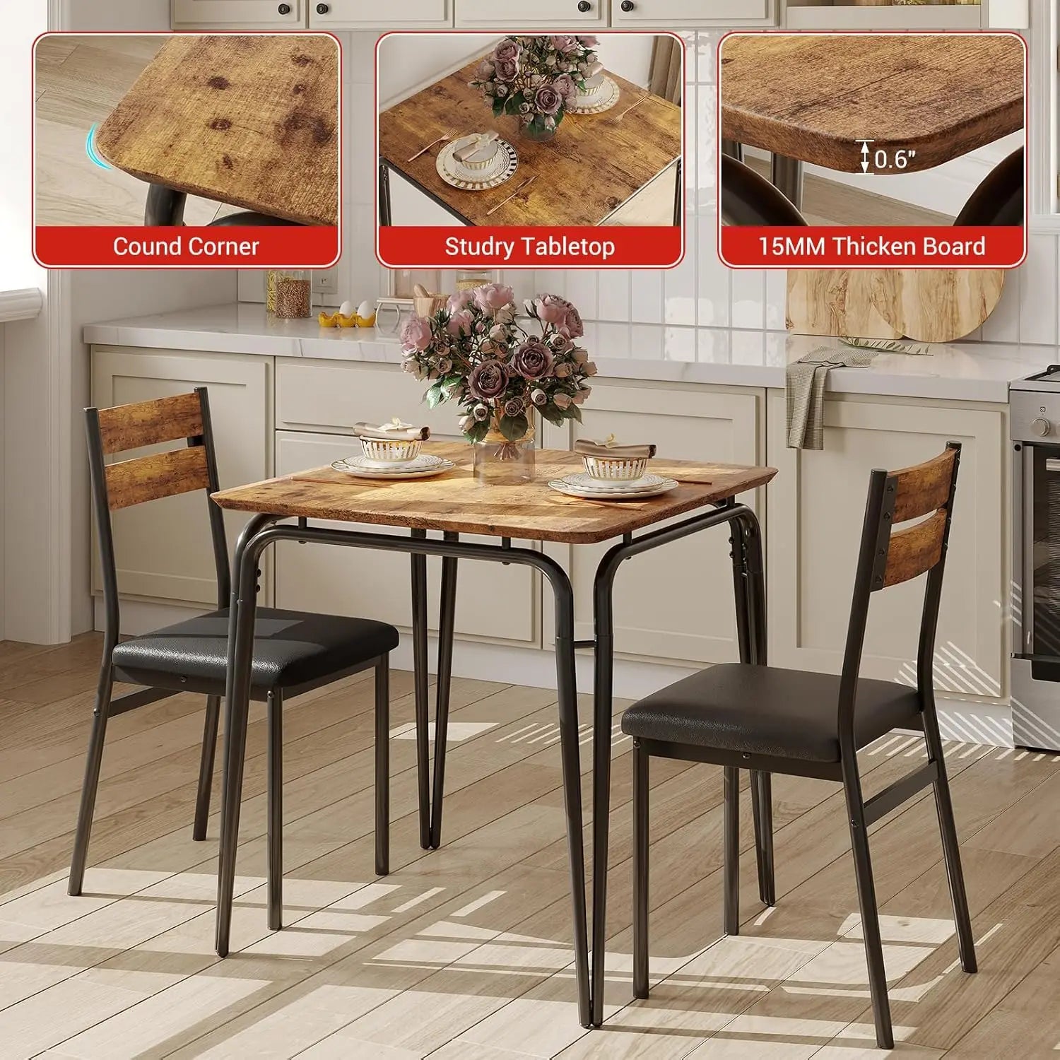 Dining Table Set for 2, Wooden Kitchen Table and 2 Upholstered Chairs,