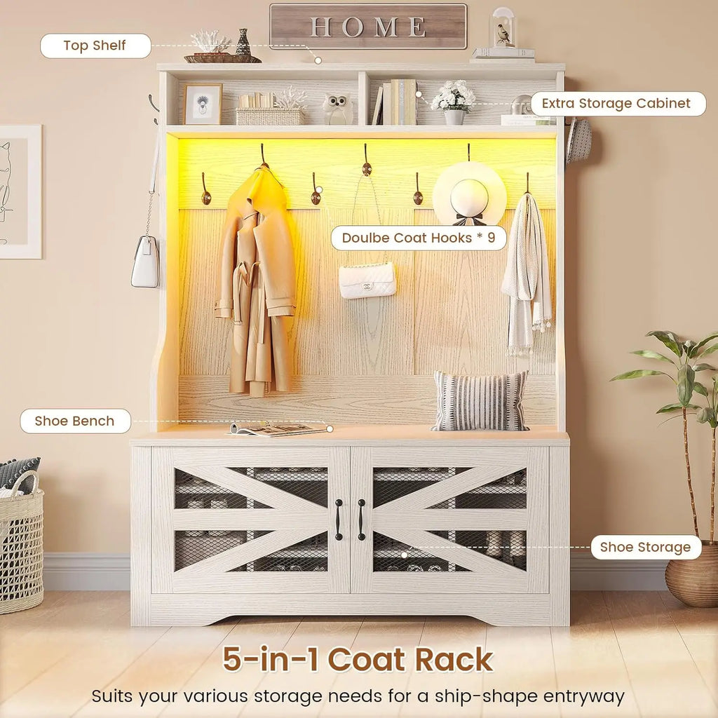 5-in-1 Entryway Bench with Coat Rack, 10 Shoe Cubbies & 9 Coat Hooks, Barn Door & Adjustable