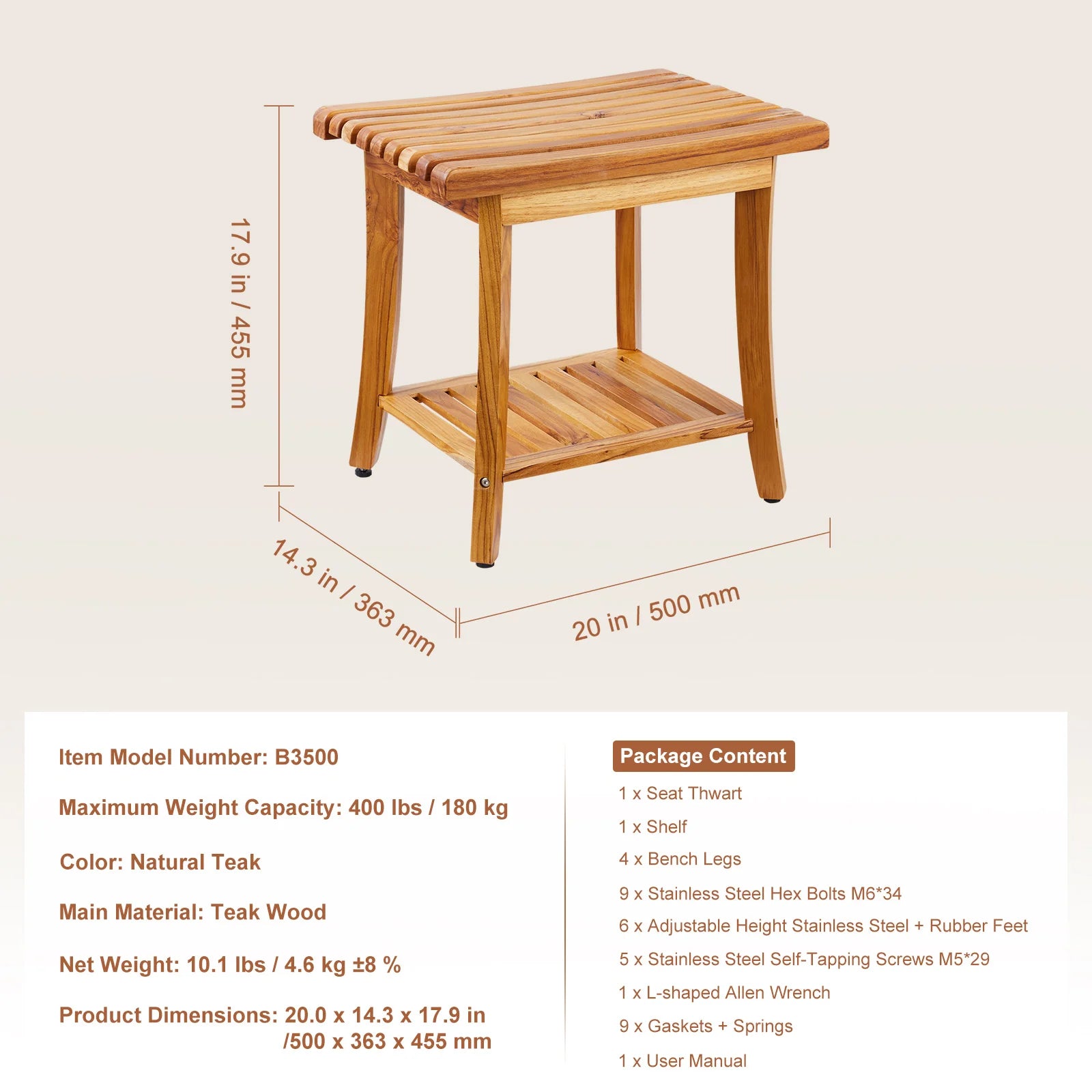 Bamboo Shower Bench 19.1x11.3x18.3 in Waterproof