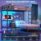 Bunk Bed Twin Over Twin Size with Desk and Charging Station L-Shaped Metal