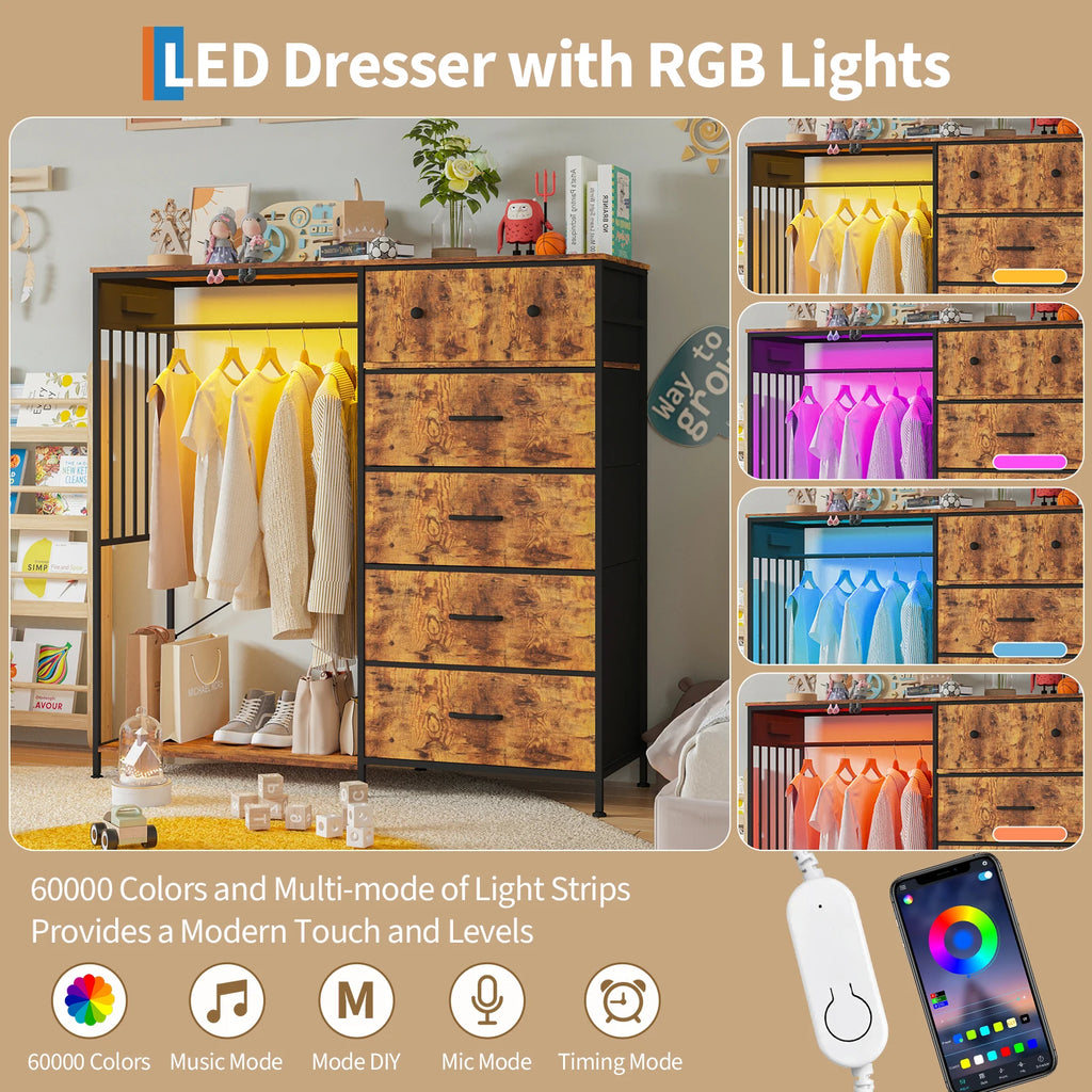 6 Fabric Drawers Hanging Rack Dresser Closet w/LED Lights & Charging Station