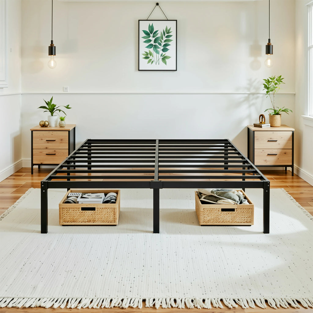 14"  Twin/Full/Quen/King Metal Platform Bed Frame with Storage Space, No Box Spring Needed,