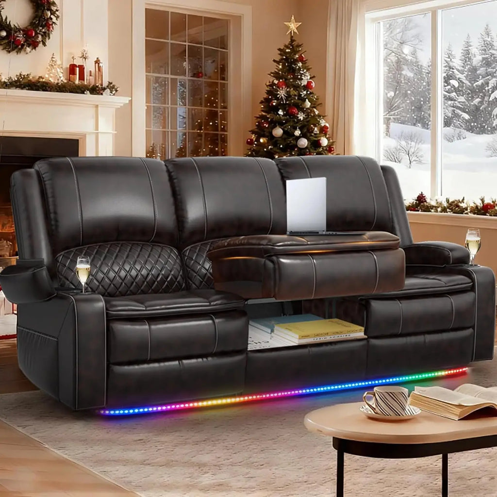 3 Seat Recliner Sofa with Console, Armrest, PU Leather, Cup Holders, USB Ports,
