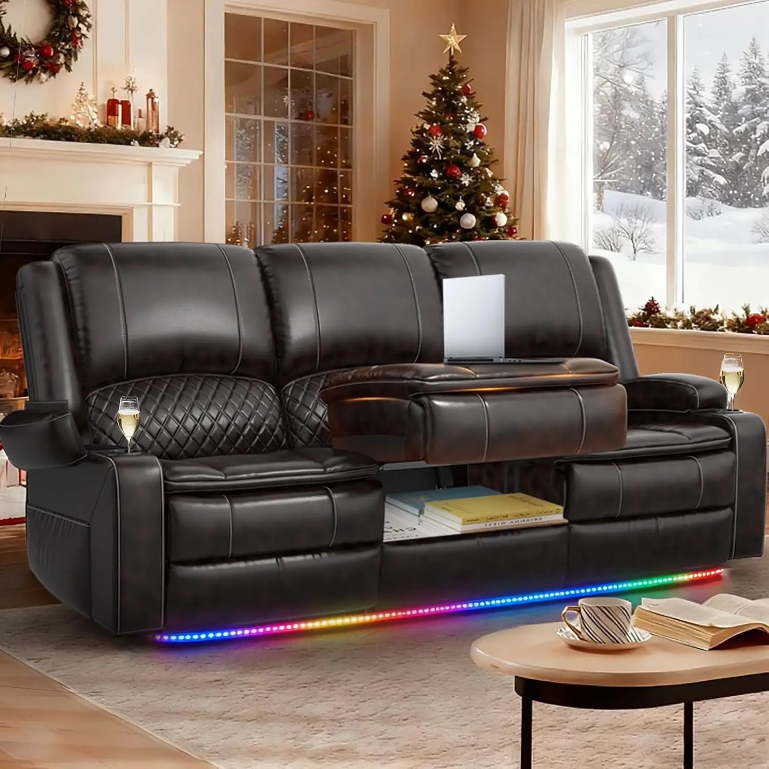 3 Seat Recliner Sofa with Console, Armrest, PU Leather, Cup Holders, USB Ports,