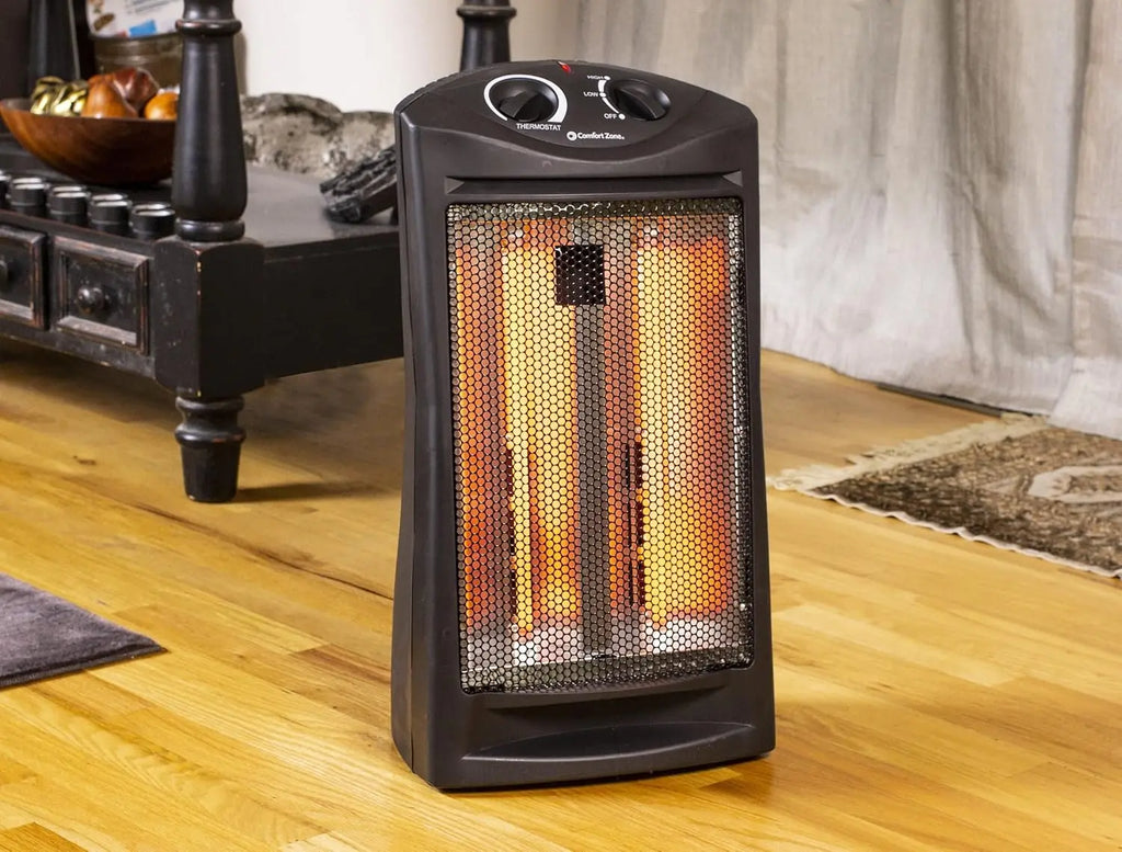 Portable Electric Heater with Adjustable Thermostat, Infrared Quartz Tower for Indoor Use, 2 Heat Settings, Black