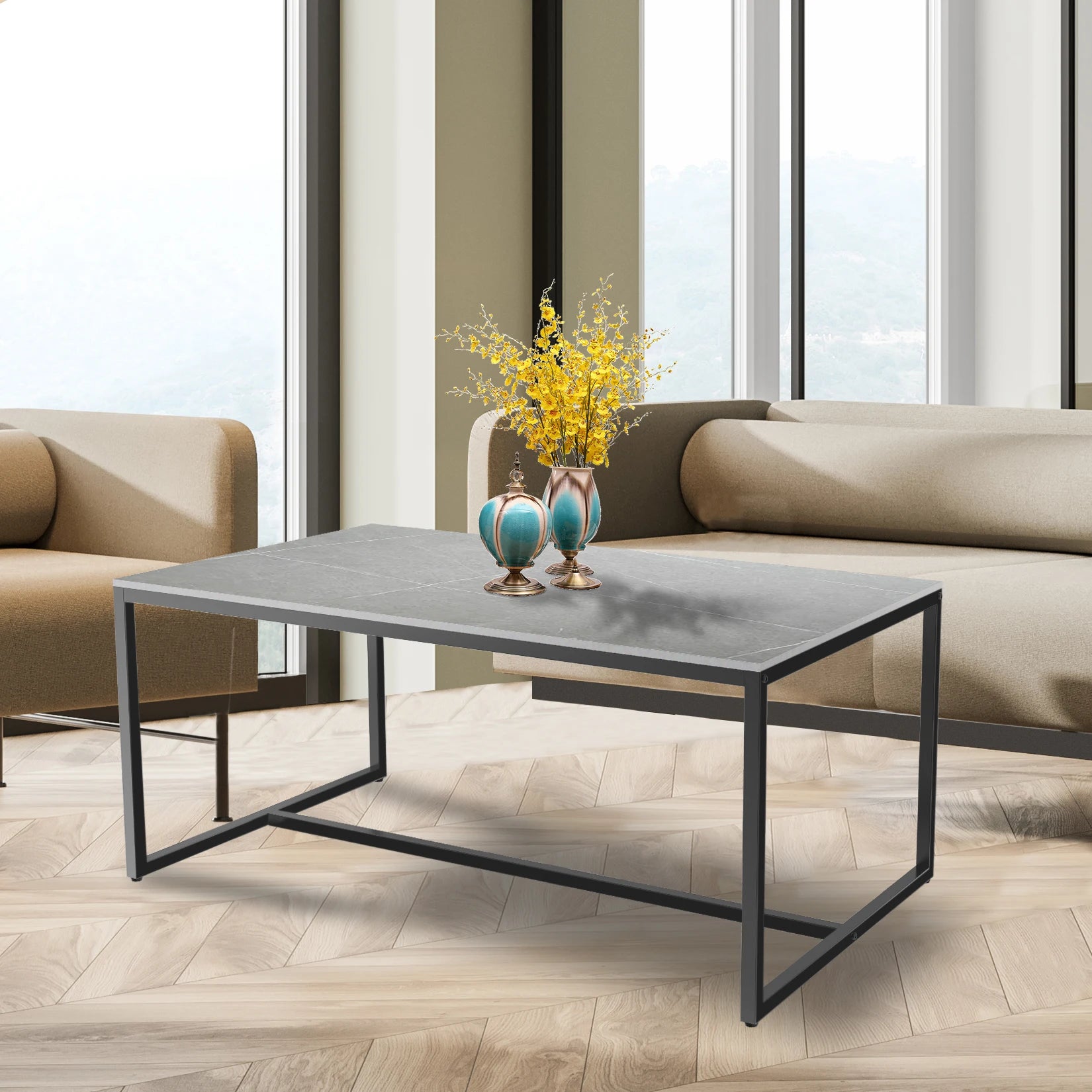 Modern Marble and Metal Frame Open Rectangle Coffee Accent Table