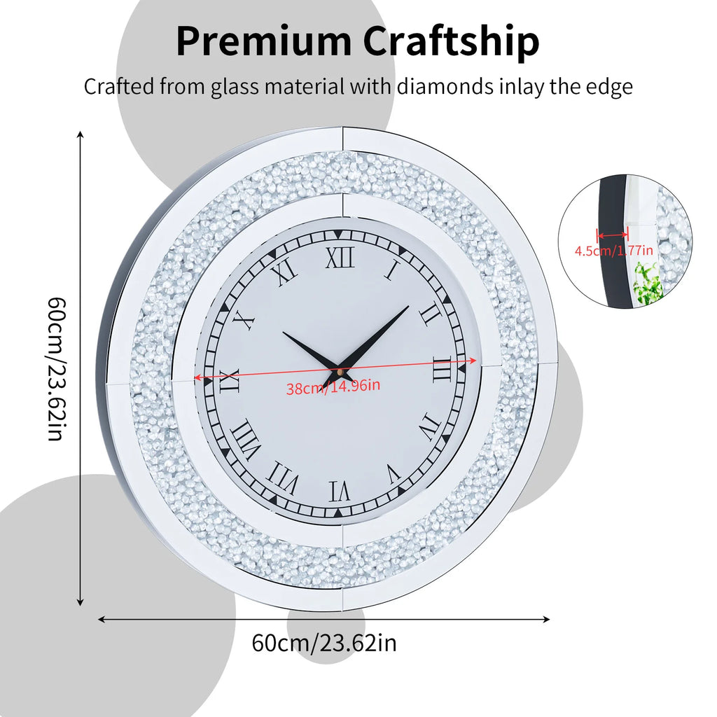 Silver,Tawny Tinted Round Mirror ,24inch Crush Diamond Large Mirrored Wall Clock