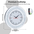 Silver,Tawny Tinted Round Mirror ,24inch Crush Diamond Large Mirrored Wall Clock