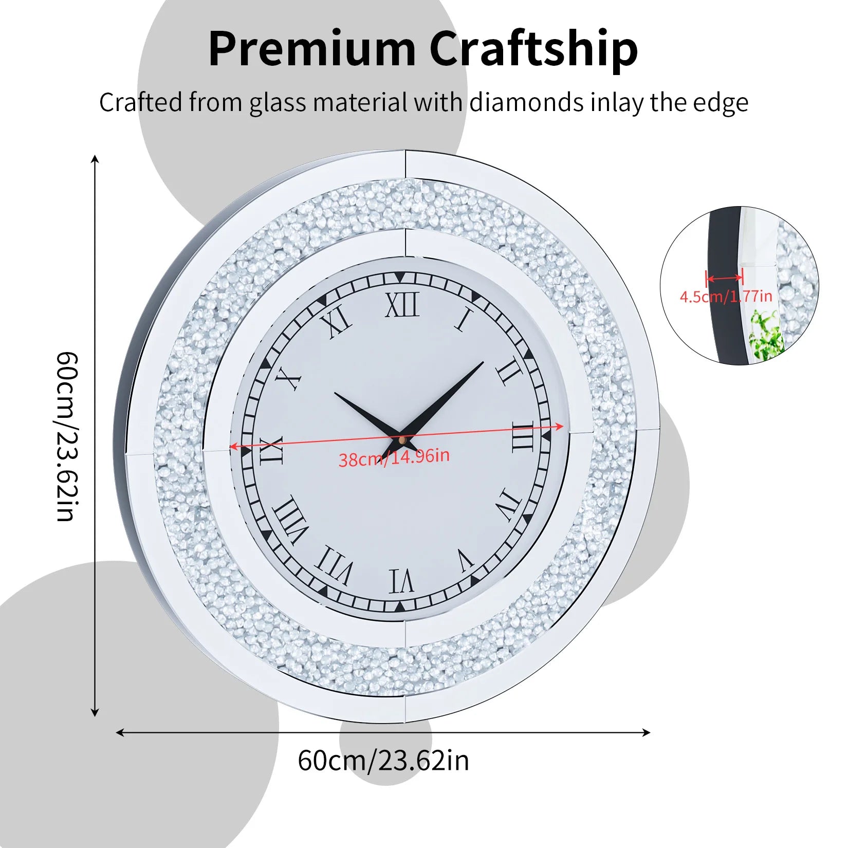 Silver,Tawny Tinted Round Mirror ,24inch Crush Diamond Large Mirrored Wall Clock