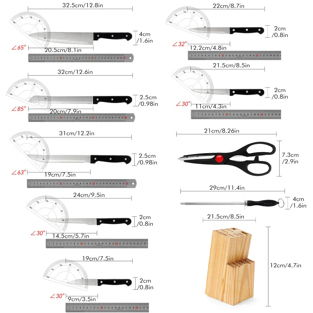 15pcs Kitchen Knife Set with Solid Wood Block Suitable for Chefs
