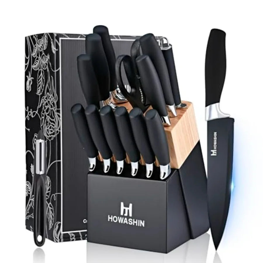 Black Knife Set 15 Pieces Kitchen Knife Set Dishwasher Safe German Stainless Steel