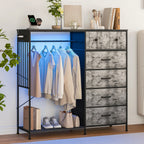 6 Fabric Drawers Hanging Rack Dresser Closet w/LED Lights & Charging Station