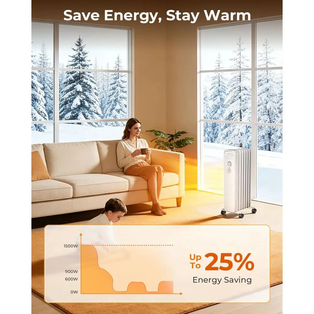 Portable 1500W Oil-Filled Radiator Heater with Adjustable Temperature, 3 Heat Modes, Overheat and Tip-Over Protection for Home a