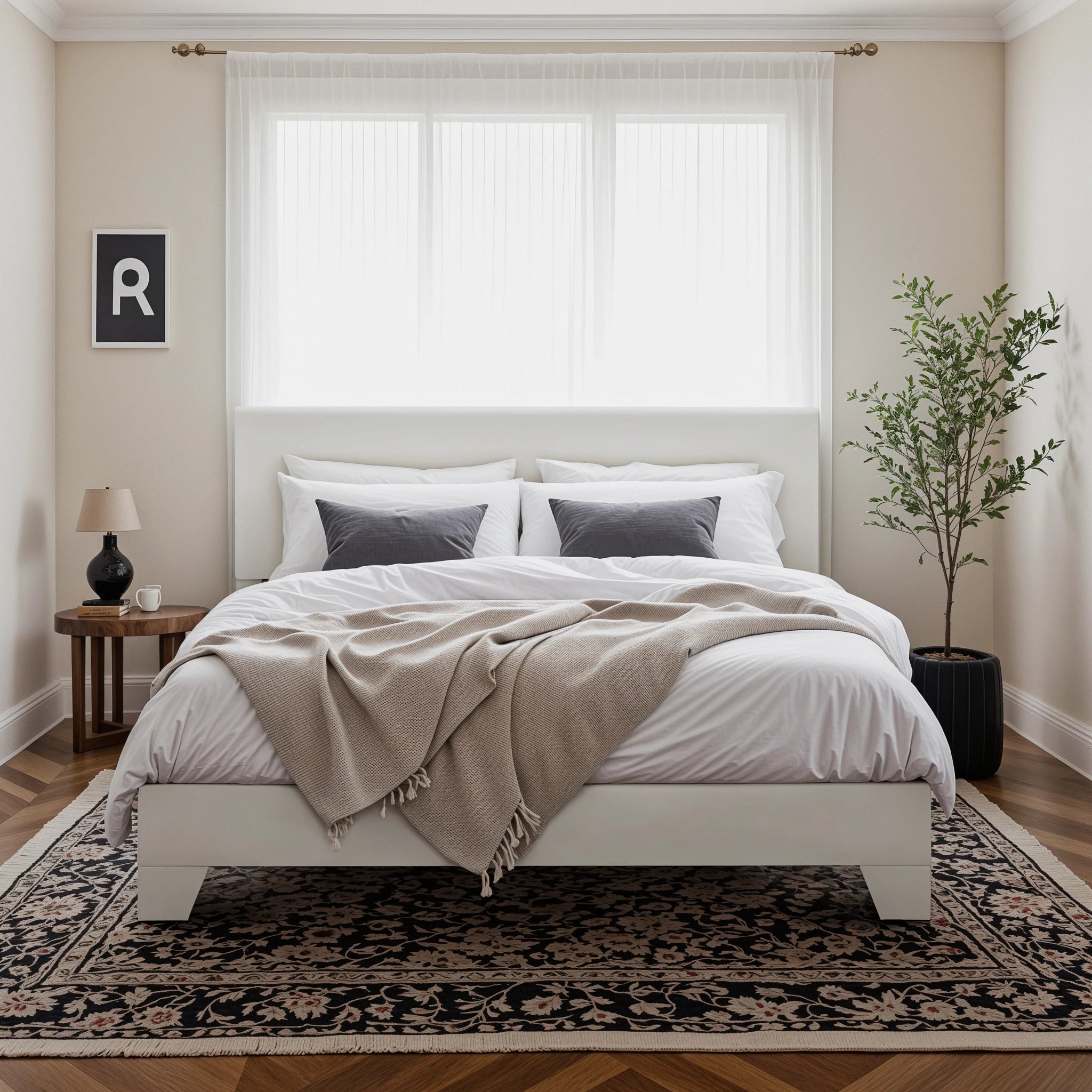 Upholstered Bed Frame with Adjustable Headboard, Soft Linen Fabric,
