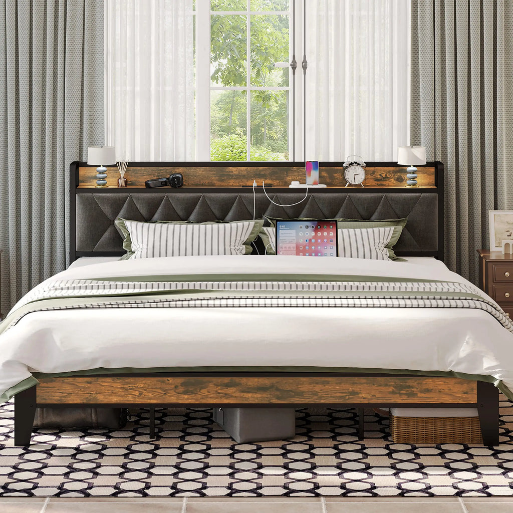 Twin/TwinXL/Full/Queen/King/CaliforniaKing Bed Frames, Storage Headboard with Outlets,