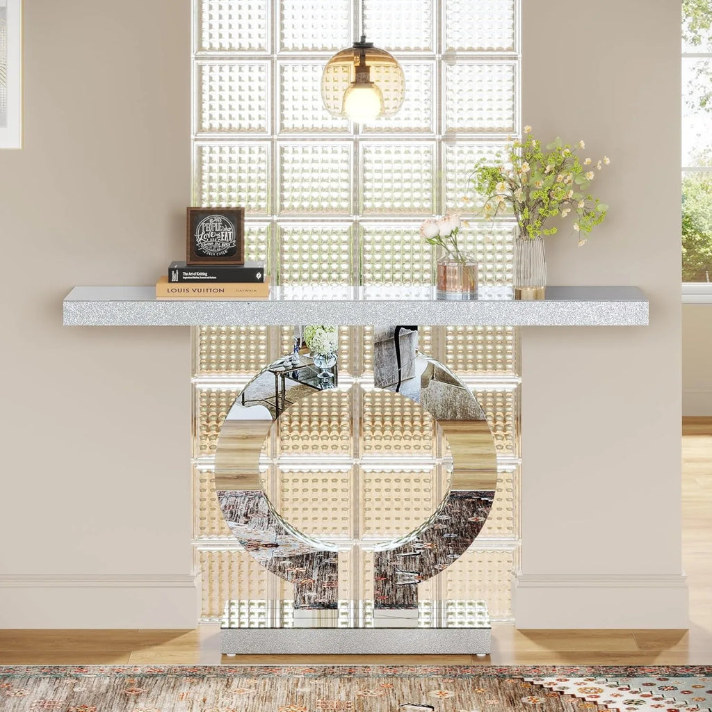 Mirrored Console Table with O-Shaped Base, Entryway Table Glass Sofa Table with Mirror Finish,
