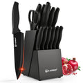 15 Pieces Carbon Steel Kitchen Knife Block Set, Built-in Knife Sharpener, Non-Slip