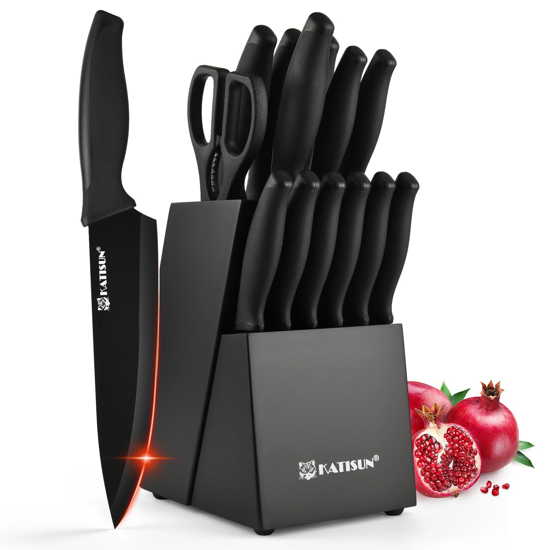 15 Pieces Carbon Steel Kitchen Knife Block Set, Built-in Knife Sharpener, Non-Slip