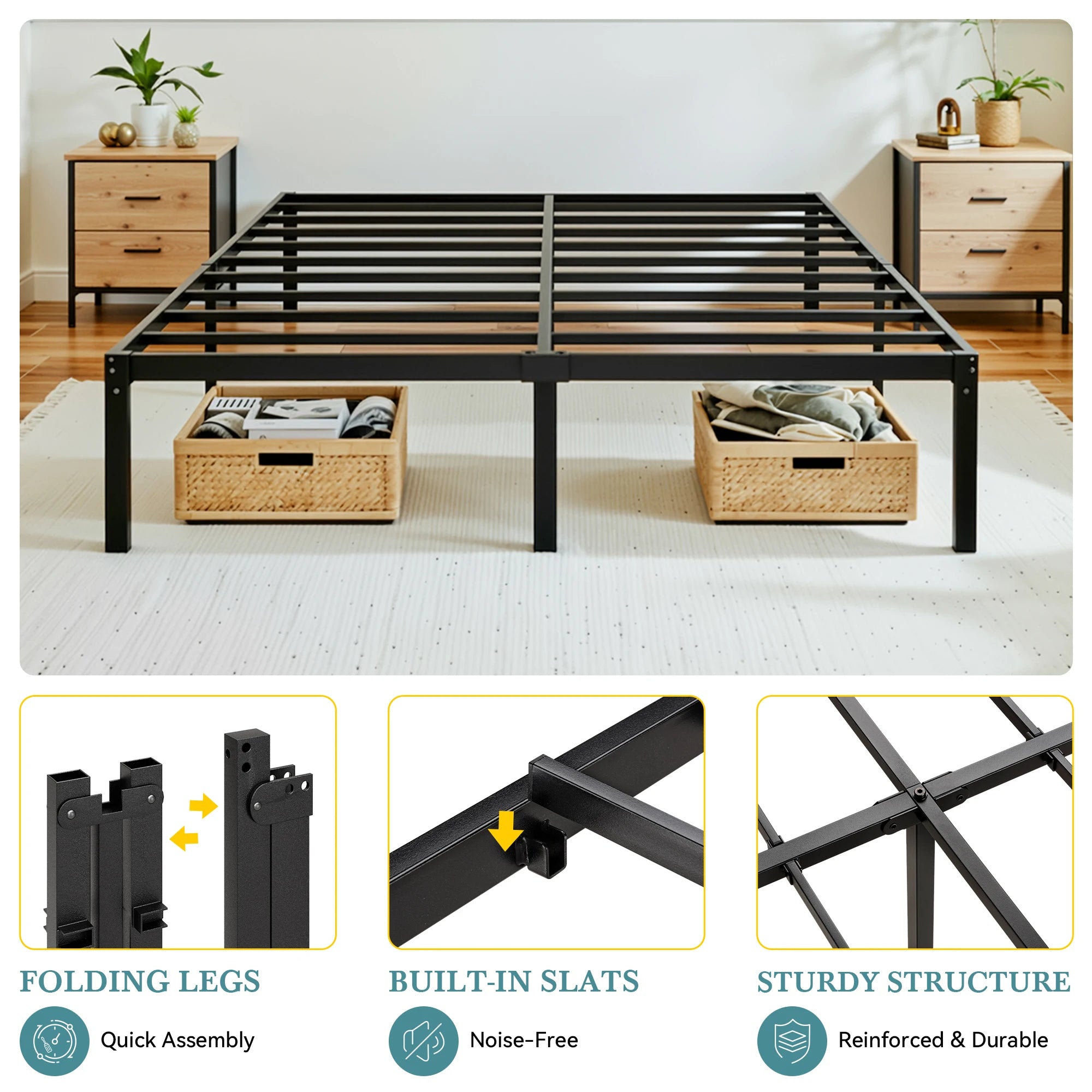 14"  Twin/Full/Quen/King Metal Platform Bed Frame with Storage Space, No Box Spring Needed,