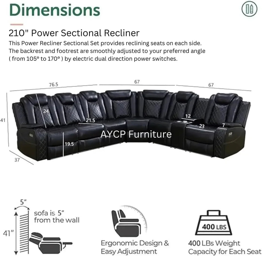 Power Recliner Sectional Sofa with LED Light, Air Leather