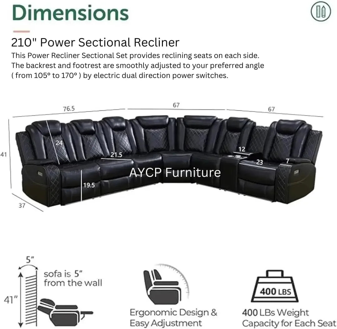 Power Recliner Sectional Sofa with LED Light, Air Leather