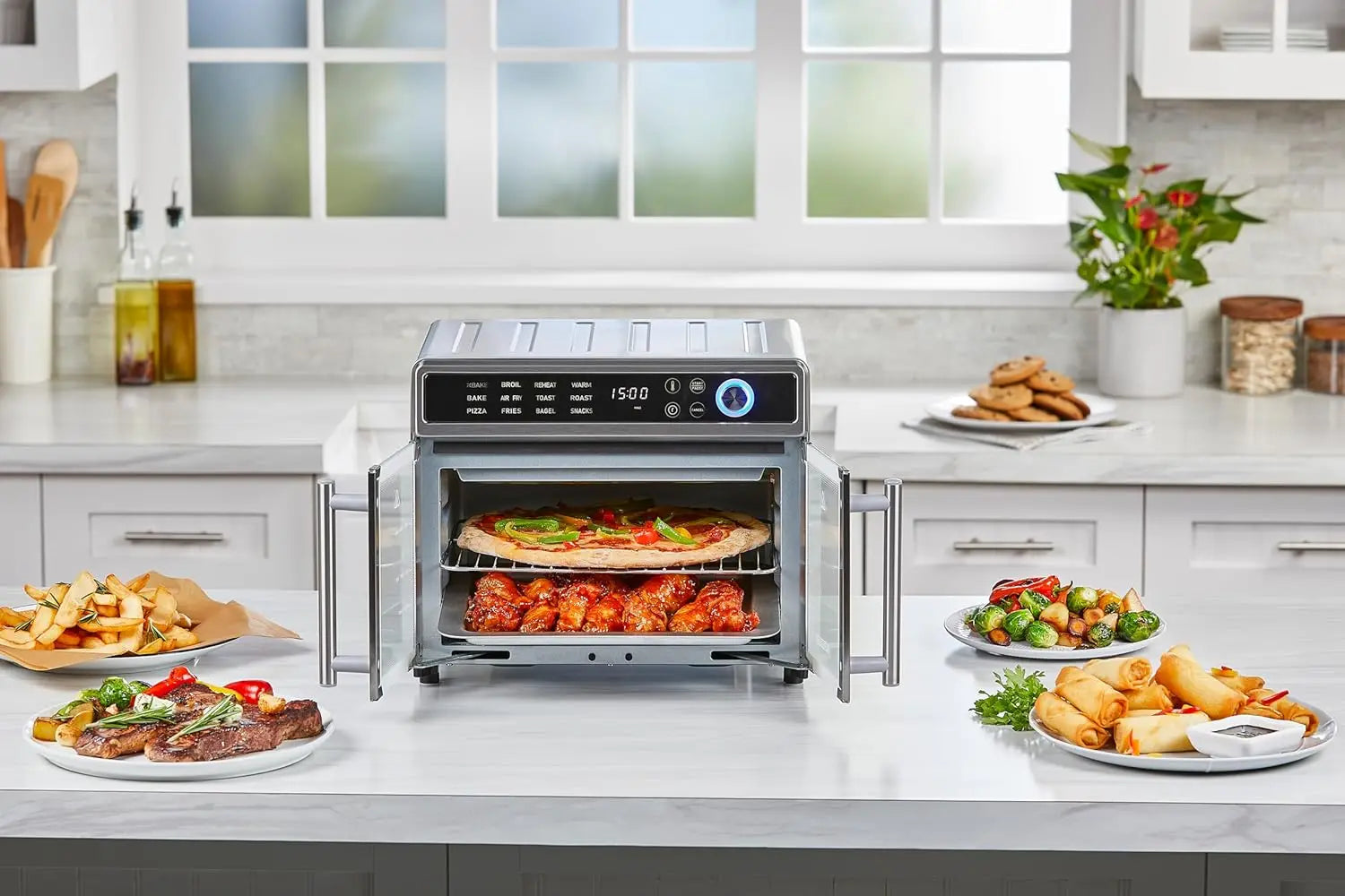 12-in-1 Air Fryer Toaster Oven, Fast Convection Cooking, Fits Whole Pizza, Stainless Steel French Doors