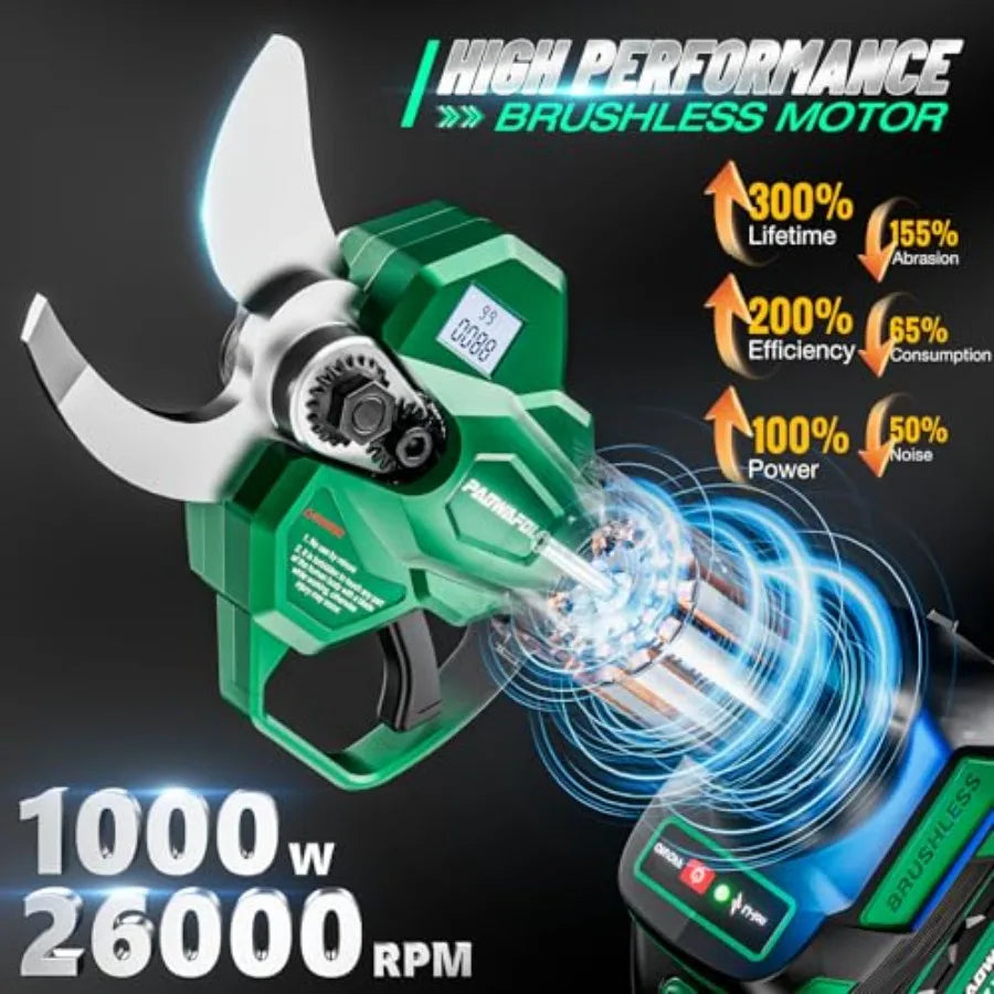 Cordless Electric Pruning Shears 1.6 Cutting Diameter with LCD Display 21V Brushless Motor Branch Cutter 2x 2000mAh Rechargeabl