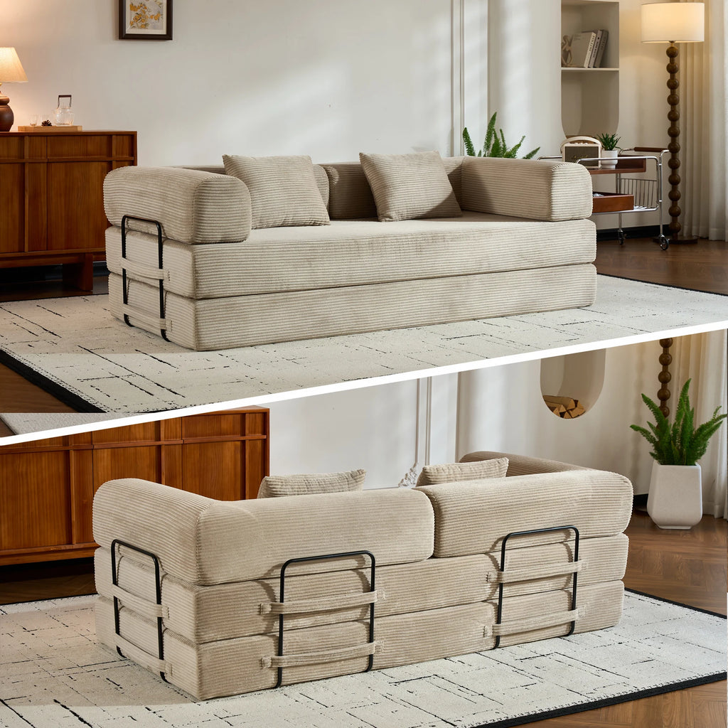 79" Folding Convertible Sofa Bed, Oversized Corduroy Futon Floor Couch, Boneless Loveseat for Small Spaces,